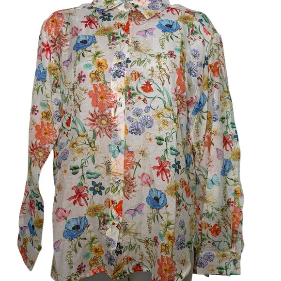 Summertime Portofino Floral Silk Cotton Button Up Blouse Large - Picture 3 of 6
